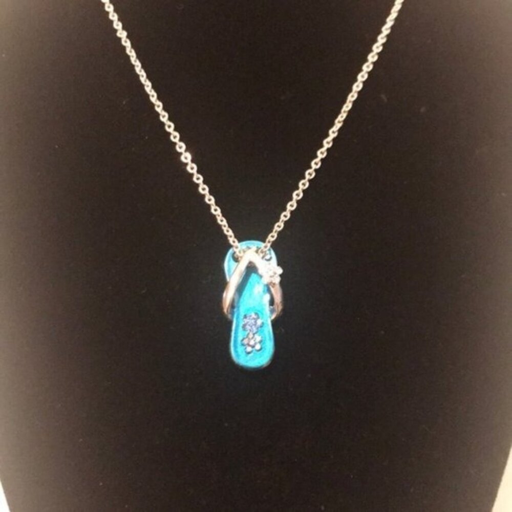 💙✨ Vintage Flip-Flop Rhinestone Pendant Necklace | Blue & Silver | Summer Beach